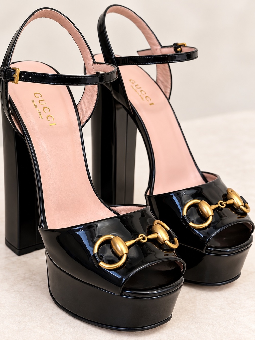Gucci Black Patent Leather Platform Sandals with Gold Horsebit size 37.5